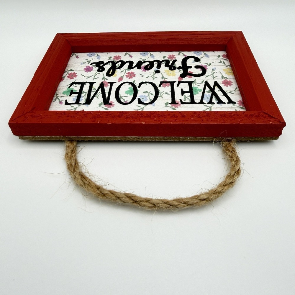 Rustic Welcome Friends Wooden Sign Floral Wall Decor Red Frame‎ Rope Hanging - Picture 4 of 10